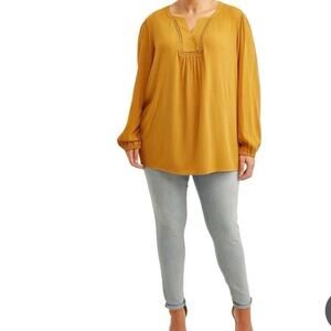Terra & Sky 2X Peasant Top Crinkle Long Sleeve Woven Apple Juice Yellow Gold